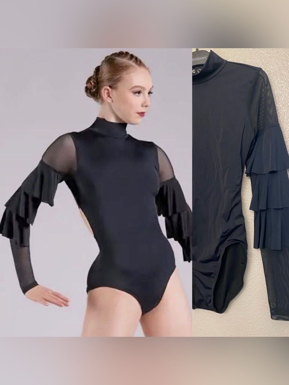 WEISSMAN Elite Dance Costume black Tiered ruffle Sleeve Leotard MT11834 SA adult